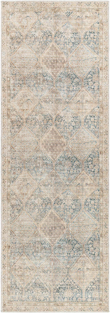 Close-up of the Marlene Medallion Beige & Blue Area Rug. Traditional medallion pattern with beige, brown, and blue hues. Design-Runner-2773