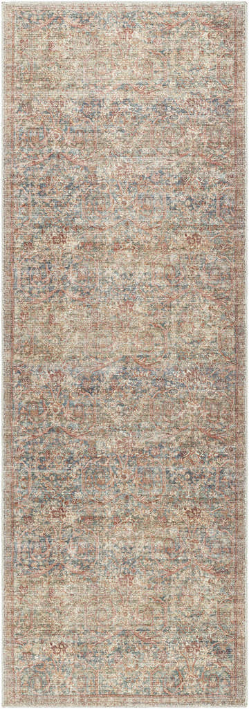 Detailed Marlene Damask Brown & Blue Area Rug. Traditional farmhouse style with burgundy, charcoal, and olive tones. Design-Runner-2773