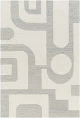 Close-up of the hand-tufted Adeja Area Rug. Gray geometric shapes on a light gray wool background. Contemporary style. Design-Rectangle-576