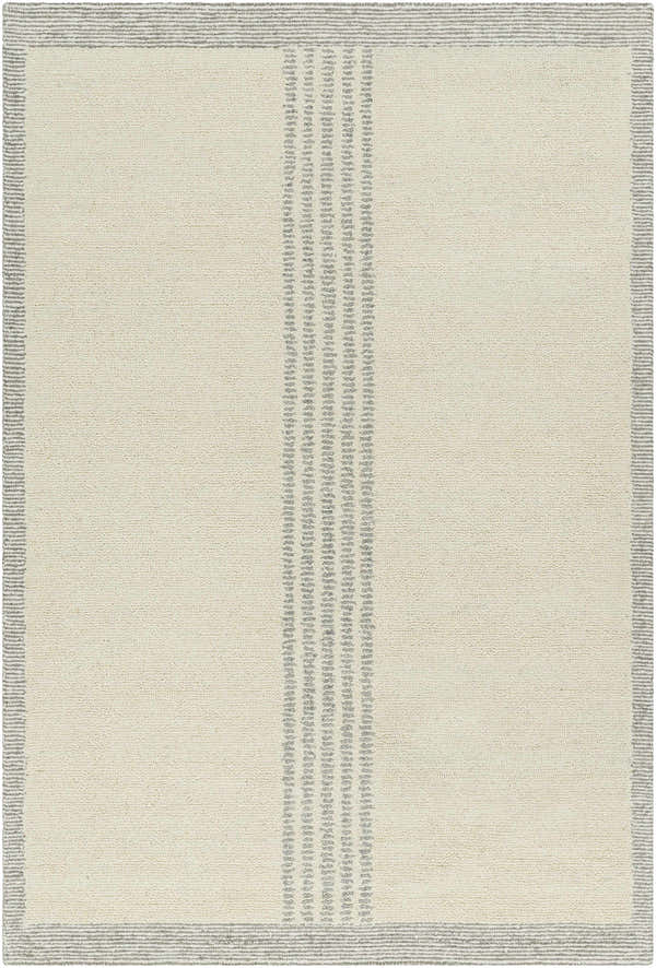 Close-up of the hand-tufted Ande Cream Area Rug. Features a gray border and subtle gray stripes on a cream wool texture. Design-Rectangle-576