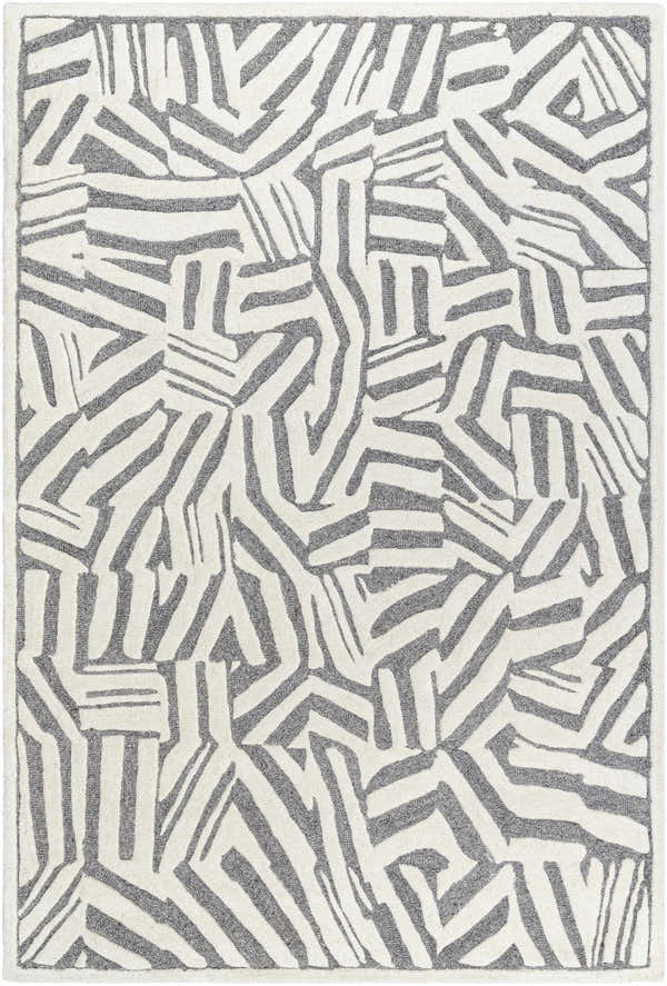Close-up of the Avian Gray Wool Area Rug featuring a contemporary cream and taupe geometric design. Design-Rectangle-576