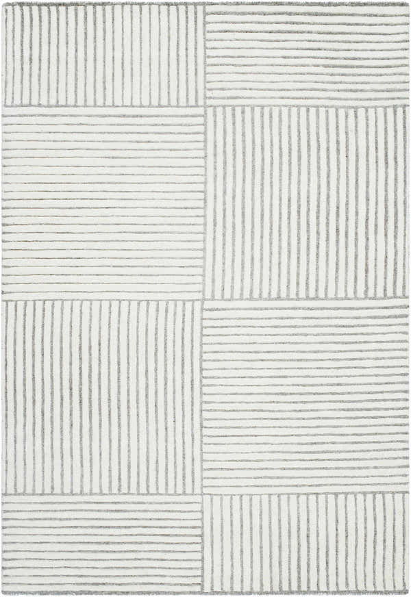 Close-up of Coyne Cream Area Rug. Hand-tufted wool rug with a contemporary block design in cream and medium gray stripes. Design-Rectangle-576