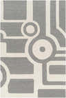 Close-up of the Daryl Area Rug. Hand-tufted wool rug in gray and white with a contemporary geometric pattern. Design-Rectangle-576