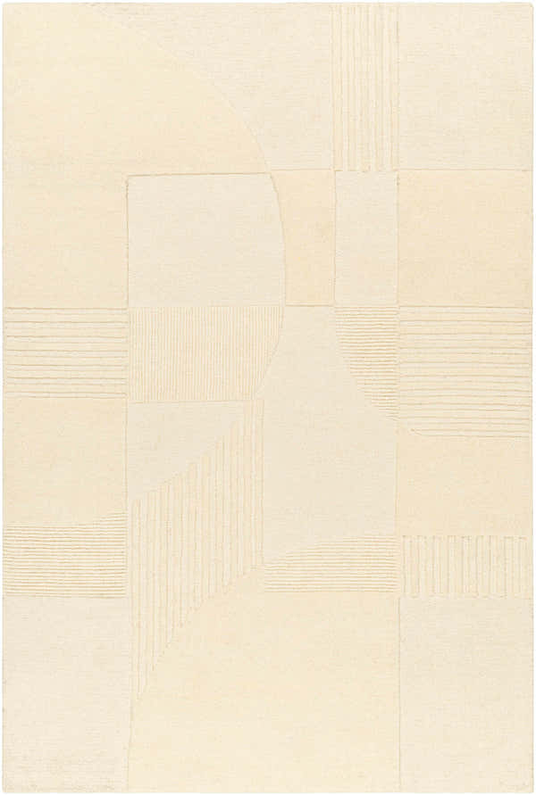 Close-up of the Denis Area Rug in lambswool. Features a contemporary geometric design with subtle stripe and block patterns. Design-Rectangle-576