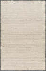 Close-up of the Ayumu Beige Hand Woven Wool Area Rug, showing texture and dark gray stitched border. Farmhouse style. Design-Rectangle-576