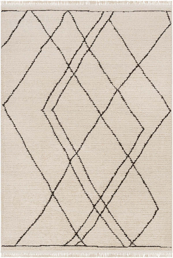 Close-up of Ausca Area Rug showcasing bone color and dark brown geometric diamond pattern with fringe. Design-Rectangle-537