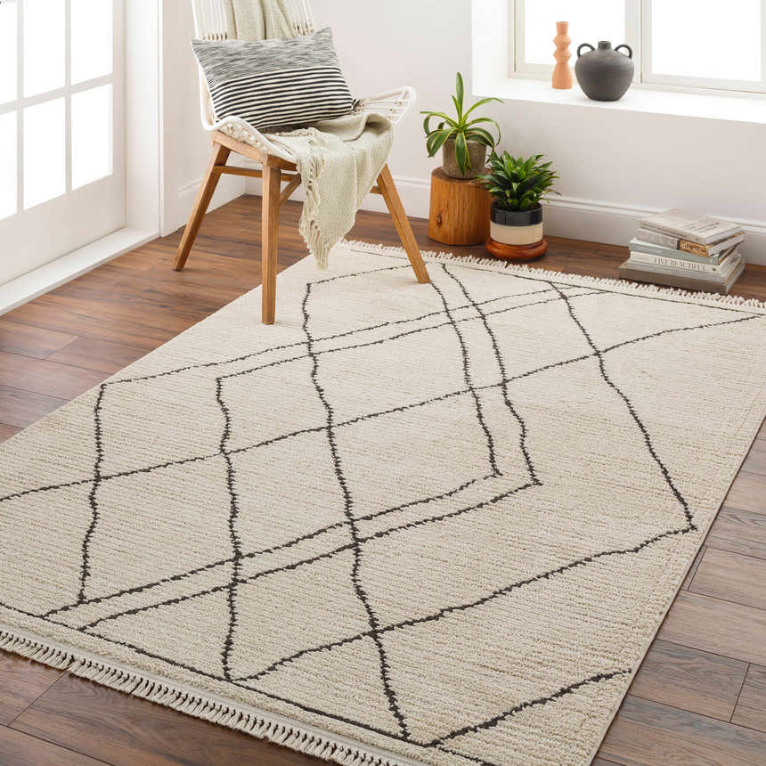Boho living room scene with the Ausca Area Rug in bone and brown geometric pattern on hardwood floor. Roomscene-Rectangle