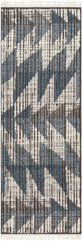 Close-up of the Zaim Area Rug. Bohemian geometric design in blue, white, and dark gray. Machine woven texture. Design-Runner-2773