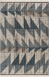 Close-up of Zaim Area Rug with a geometric pattern in blue and beige. Machine-woven texture with fringe detail. Design-Rectangle-537