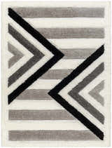Close-up of Abeje Black & White Area Rug, featuring a geometric shag design with black, gray, and off-white stripes. Design-Rectangle-537