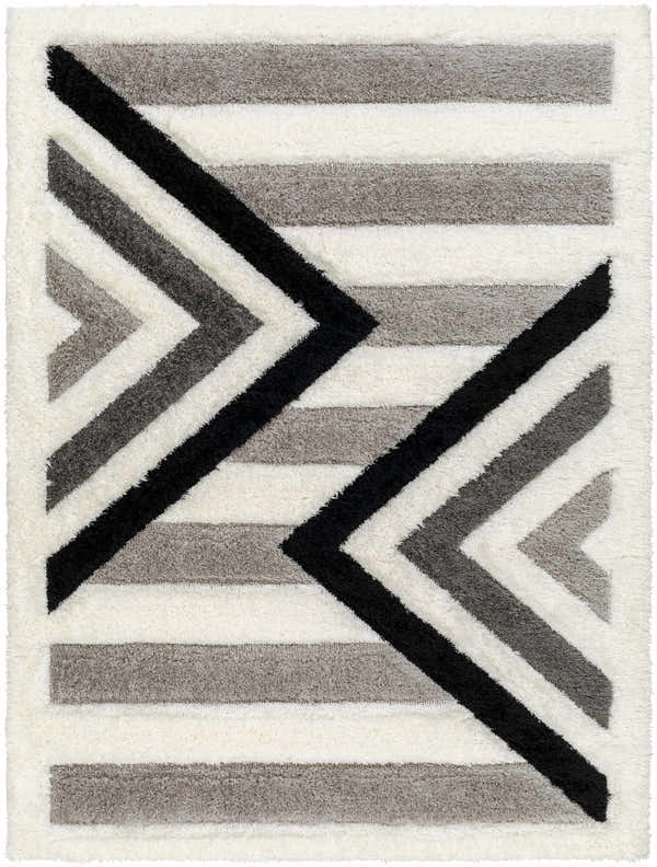 Close-up of Abeje Black & White Area Rug, featuring a geometric shag design with black, gray, and off-white stripes. Design-Rectangle-537