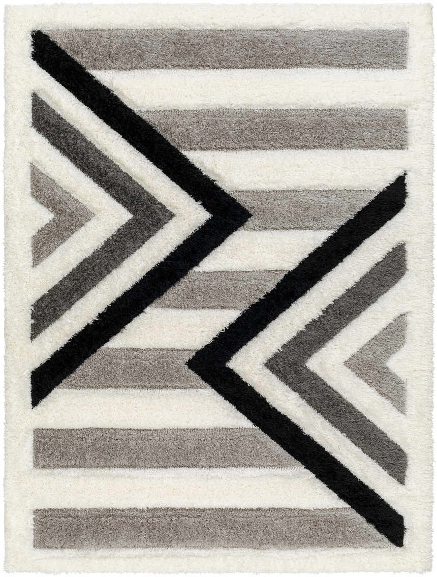 Close-up of Abeje Black & White Area Rug, featuring a geometric shag design with black, gray, and off-white stripes. Design-Rectangle-537