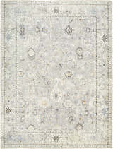 Close-up of the Davina Damask Sage rug. Farmhouse style rug in beige, gray, and brown with a traditional damask pattern. Design-Rectangle-537