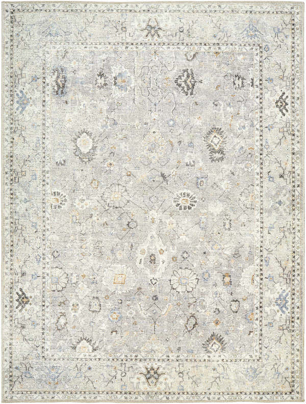 Close-up of the Davina Damask Sage rug. Farmhouse style rug in beige, gray, and brown with a traditional damask pattern. Design-Rectangle-537