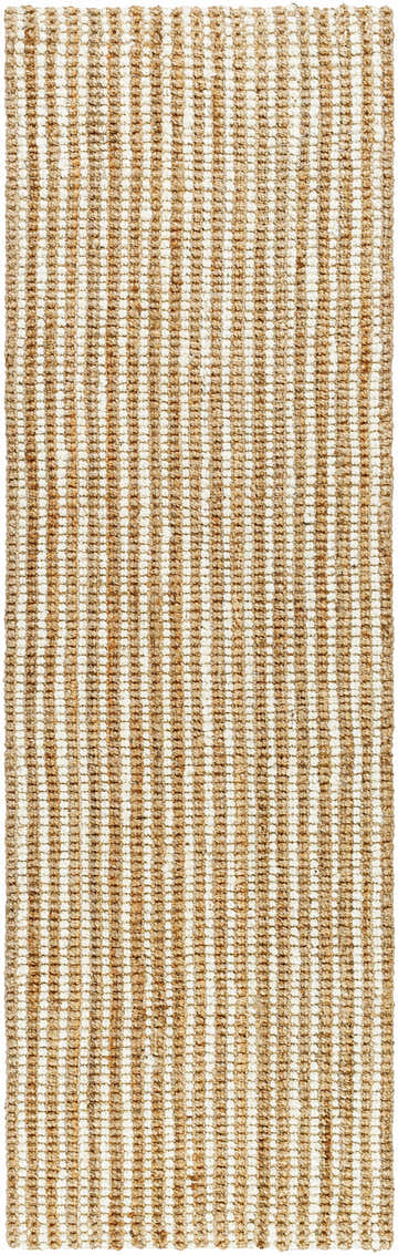 Close-up of the Ambel Tan Camel Jute Area Rug. Features a striped pattern with tan and off-white hues, hand-woven texture. Design-Runner-268