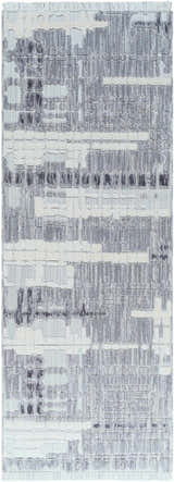 Close-up of the Bodhi Textured Saxony Rug with Fringes. Abstract pattern in charcoal, dark gray, light gray, and white. Design-Runner-2773
