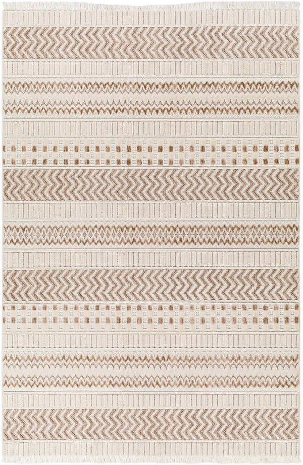 Close-up of Eiko Beige Textured Saxony Rug with Fringes. Farmhouse style with geometric driftwood and bone pattern. Design-Rectangle-5373