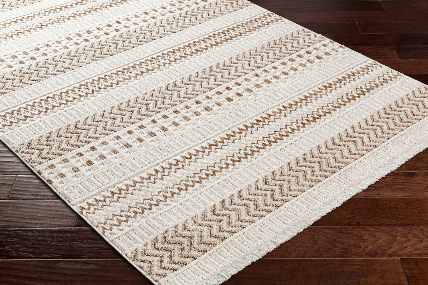 Eiko Beige Textured Saxony Rug with Fringes - Clearance