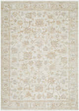 Detailed view of the Sashi Tan Luxe Area Rug with a traditional floral pattern and tan border. Design-Rectangle