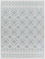 Close-up of the Scawby Area Rug. Light blue rug with a geometric diamond and border pattern in white. Perfect for bathroom or kitchen. Design-Rectangle-537