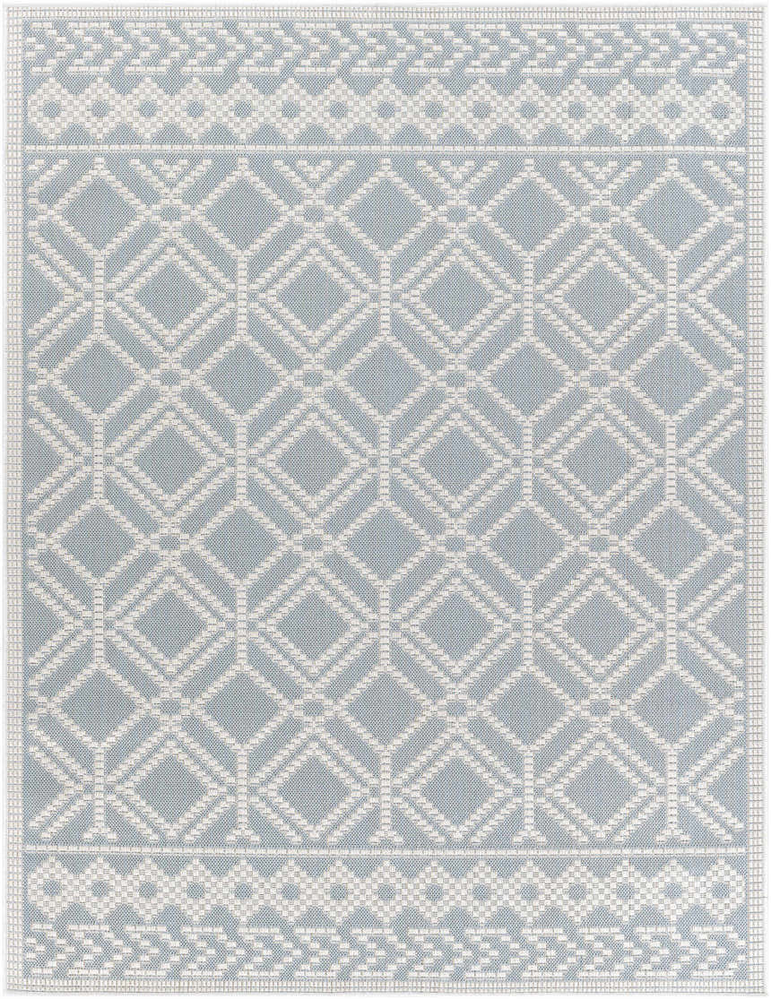 Close-up of the Scawby Area Rug. Light blue rug with a geometric diamond and border pattern in white. Perfect for bathroom or kitchen. Design-Rectangle-537