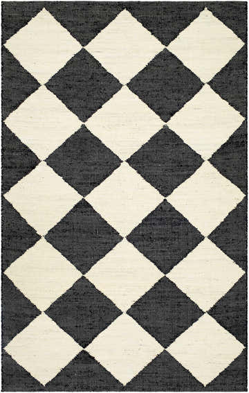 Close-up of the hand woven Sondo Jet Black Area Rug. Beige and jet black diamond pattern. Contemporary style. Design-Rectangle-576