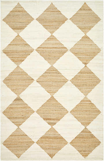 Close-up of the Sondo Beige Area Rug. Hand-woven cotton and jute rug with a diamond pattern in beige and pearl. Design-Rectangle-576