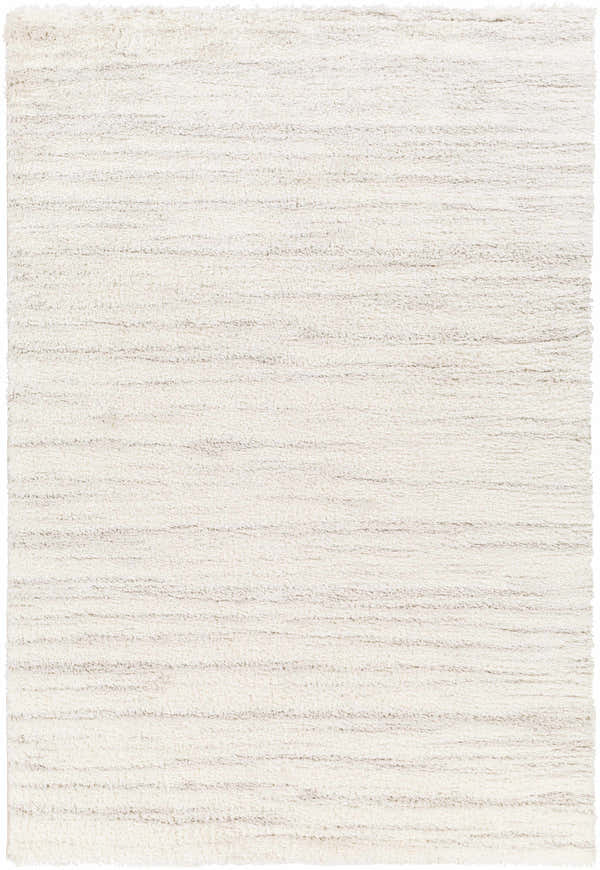 Close-up of the Ajeya Area Rug. Shag rug in off-white with subtle gray horizontal lines. Soft, textured polyester. Design-Rectangle-537