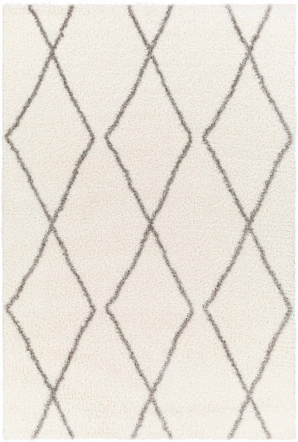 Close up of the Maximiliano Area Rug featuring a geometric diamond pattern in off white and gray. Design-Rectangle-537