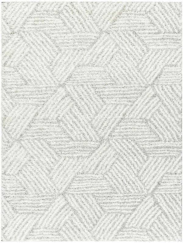 Close-up of the Mura Gray Area Rug showing its geometric shag design and dark beige, gray, and off white colors. Design-Rectangle-537