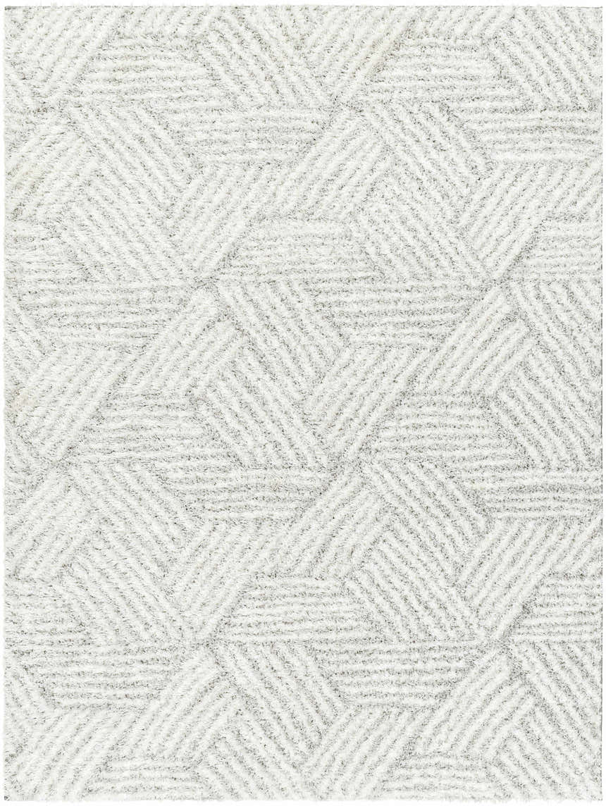 Close-up of the Mura Gray Area Rug showing its geometric shag design and dark beige, gray, and off white colors. Design-Rectangle-537