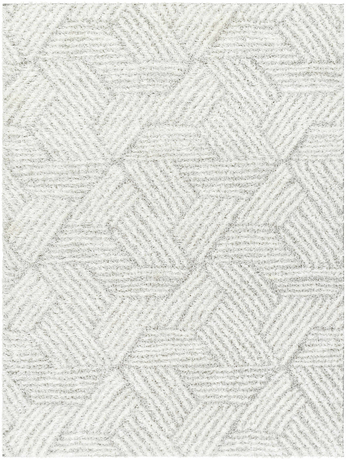 Close-up of the Mura Gray Area Rug showing its geometric shag design and dark beige, gray, and off white colors. Design-Rectangle-537