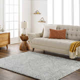 Living room scene with a beige couch and the gray geometric Mura Area Rug on a dark wood floor. Roomscene-Rectangle