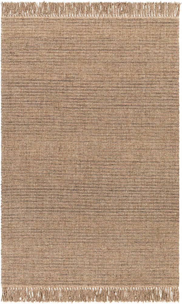 Close-up of the Desma Tan Area Rug. Hand-loomed rug with a light brown woven texture and fringe. Farmhouse style. Design-Rectangle-576