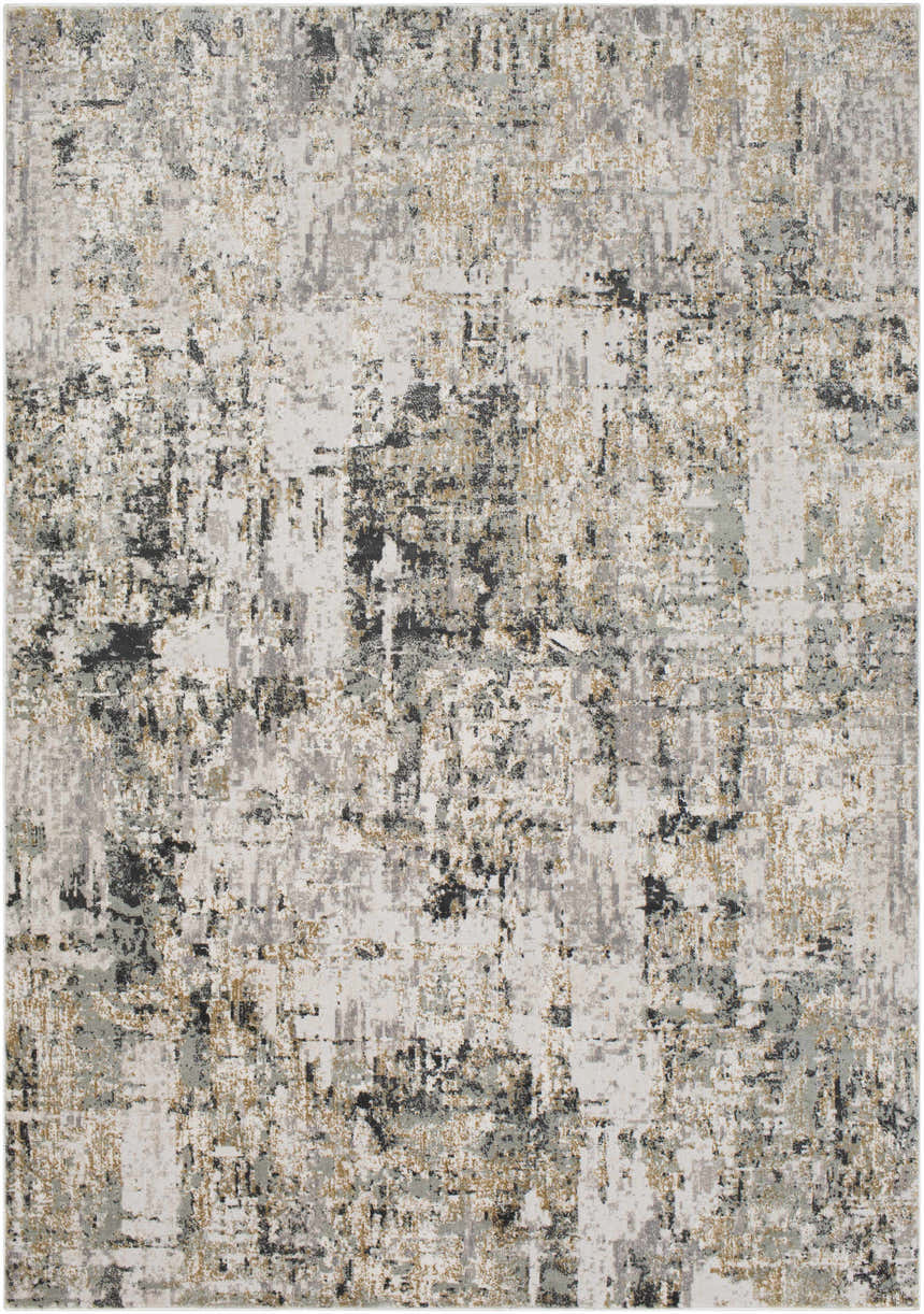 Close-up of the Schaefferstown Area Rug. Abstract design in charcoal, gray, light beige, and tan hues. Design-Rectangle-5373