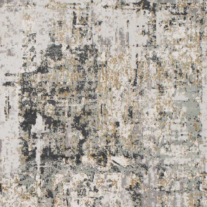 Close-up of the Schaefferstown Area Rug. Abstract pattern with charcoal, gray, light beige, and tan hues. Machine woven texture. Swatch