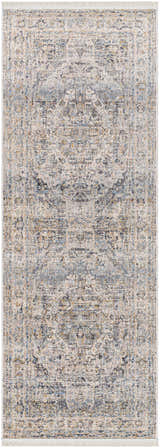 Close-up of the Addax Area Rug - Clearance. Features a traditional, distressed pattern in gray, brown, and blue tones. Design-Runner-2108