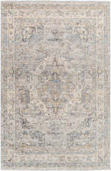 Close-up of the Addax Area Rug, a machine-woven rug in neutral gray, brown, and blue with a traditional, distressed pattern. Design-Rectangle-579