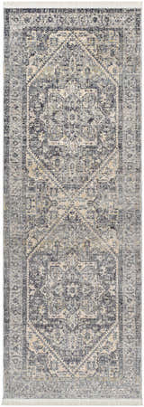 Close-up of the Ailsa Area Rug. Dark gray, lambswool, and taupe traditional pattern with a distressed look. Design-Runner-2108