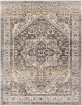 Close-up of the Ailsa Area Rug in dark gray, lambswool, and brown. Traditional, distressed medallion pattern. Design-Rectangle-71010