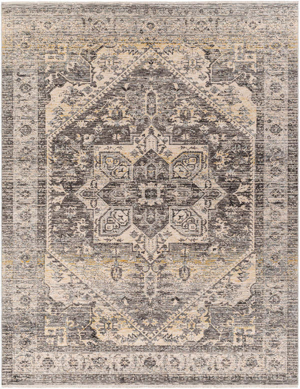 Close-up of the Ailsa Area Rug in dark gray, lambswool, and brown. Traditional, distressed medallion pattern. Design-Rectangle-71010