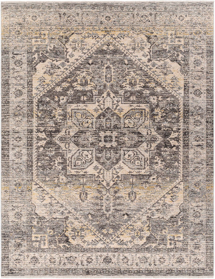 Close-up of the Ailsa Area Rug in dark gray, lambswool, and brown. Traditional, distressed medallion pattern. Design-Rectangle-71010