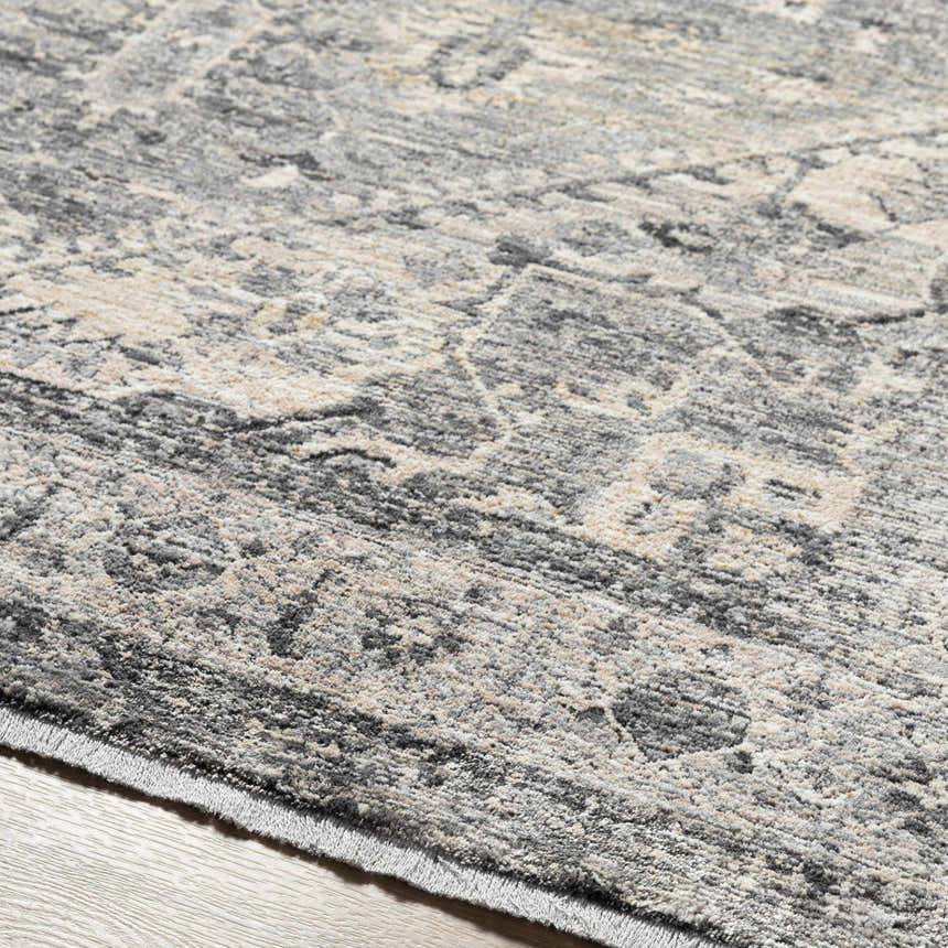 Close-up of the Ailsa Area Rug, showcasing its dark gray, lambswool, and taupe traditional pattern and soft texture. Texture