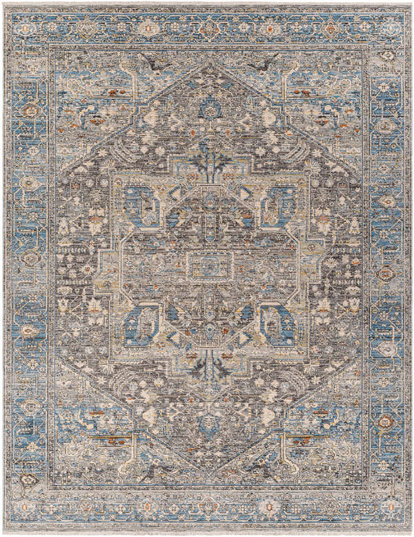 Detailed pattern of the Alina Area Rug in dark gray, ink, blue, brown, and natural gray. Traditional farmhouse style. Design-Rectangle-71010