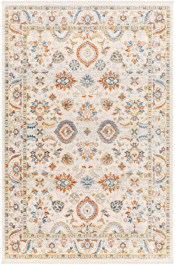 Detailed Araya Area Rug in beige, bone, cloud gray, and muted blue. Traditional floral pattern, machine woven polyester. Design-Rectangle-537