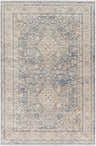 Detailed Artan Area Rug with traditional design in light gray, dark gray, and blue tones. Machine woven polyester rug. Design-Rectangle-579