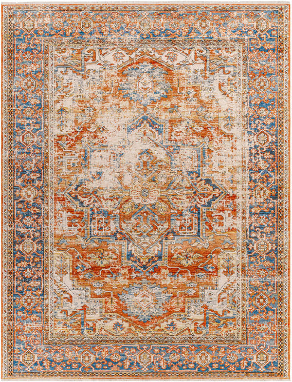 Close-up of the Basim Area Rug. Traditional, farmhouse style rug in bone, charcoal, copper, khaki and rust colors. Design-Rectangle-71010