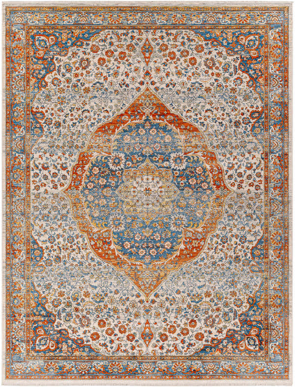 Detailed Bojan Area Rug in beachhouse, brown, copper, and denim colors. Traditional floral pattern, machine woven. Design-Rectangle-71010