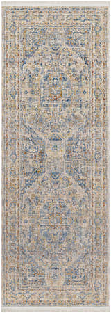Detailed texture of the Bora Area Rug in camel, copper, and blue tones. Traditional style. Design-Runner-2108