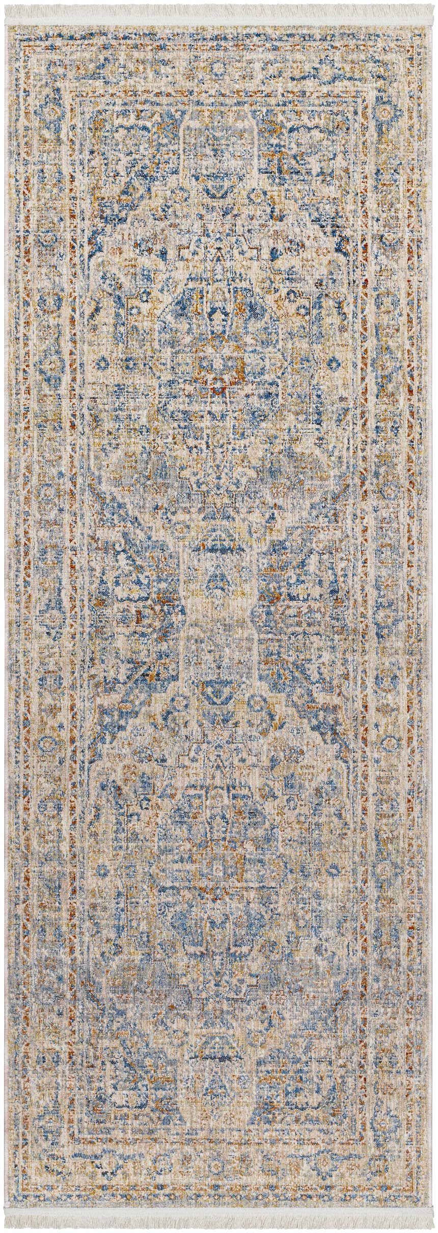 Detailed texture of the Bora Area Rug in camel, copper, and blue tones. Traditional style. Design-Runner-2108